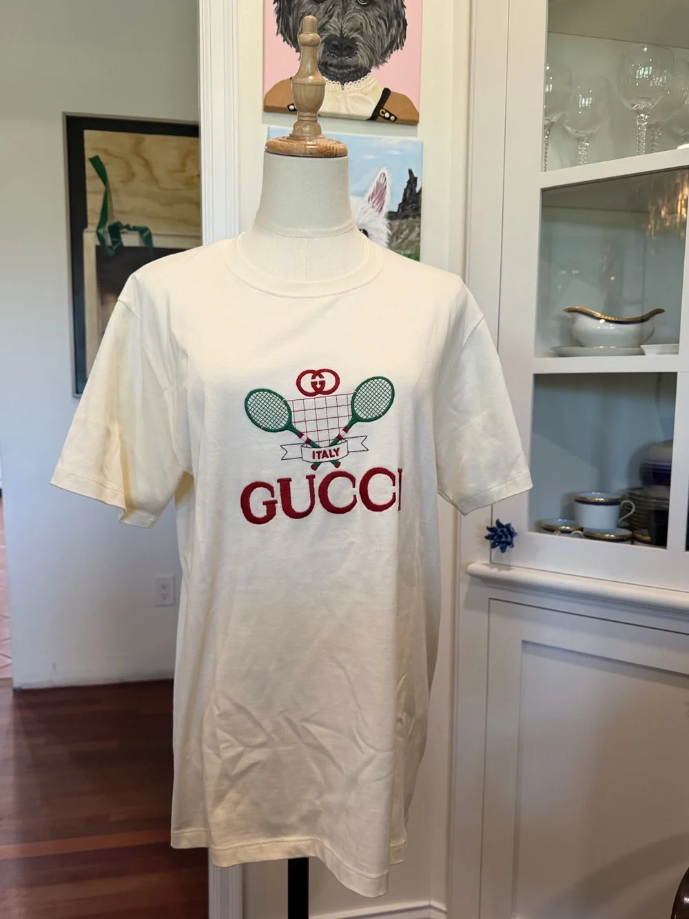 Gucci Cream Logo Tennis Graphic Short Sleeve Tee